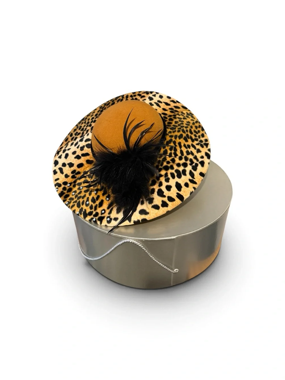 Vintage Ms. Hi’s Classic Leopard Print Wool Hat with Feathers & Rhinestones